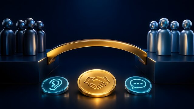 Concept of bridging the gap in corporate negotiations showing a golden bridge connecting two opposing teams with communication and handshake coins.