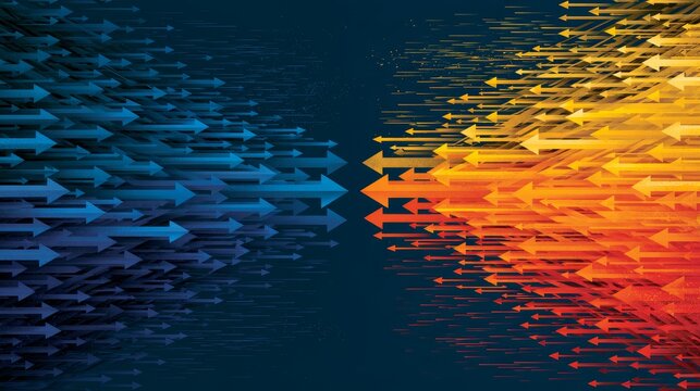 Two groups of arrows moving in opposite directions, symbolizing opposing forces, conflict, divergence, or changing direction.