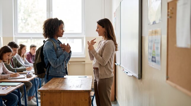 Deaf student communicating with teacher using sign language