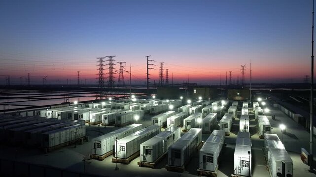 Large-scale energy storage power station array at dusk with illuminated modules and transmission towers