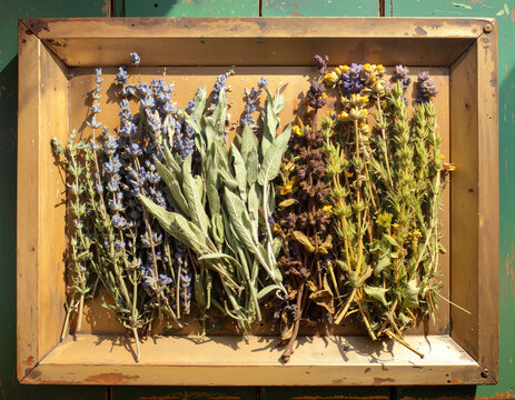 tray of dried herbs
