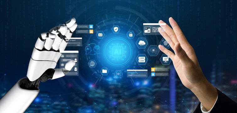 Explore the fascinating interaction between a human hand and a robotic arm set against a digital backdrop, showcasing the integration of technology and artificial intelligence. Ledger