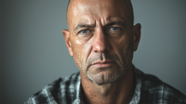 Closeup portrait of a sad middle aged man with a serious expression highlighting emotional distress, mental health and human resilience on a neutral background with copy space