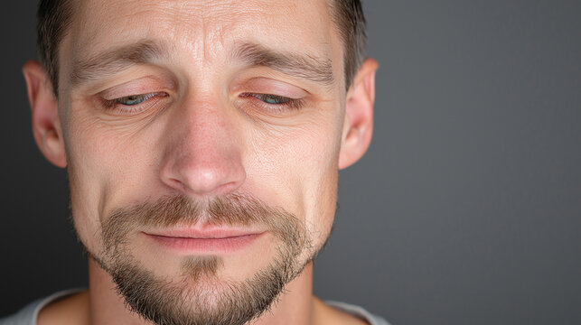 Closeup portrait of an emotional young man holding back tears highlighting sadness, vulnerability, mental health and human resilience on a neutral background with copy space