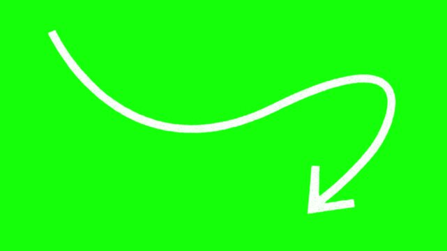 White hand-drawn sweeping U-turn arrow animation, in and out animation, pointing down right on green screen, 4K UHD 60fps chroma key overlay for product promos, sales offers, tutorials and callouts