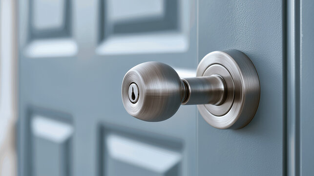 Closeup of a modern door lock and round doorknob on a residential entrance door highlighting home security, privacy and access control