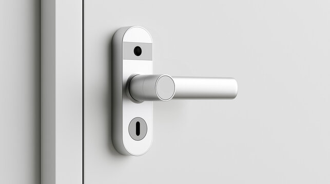 Closeup of a modern white door handle and lock on a residential interior door highlighting home security, privacy and contemporary architectural design