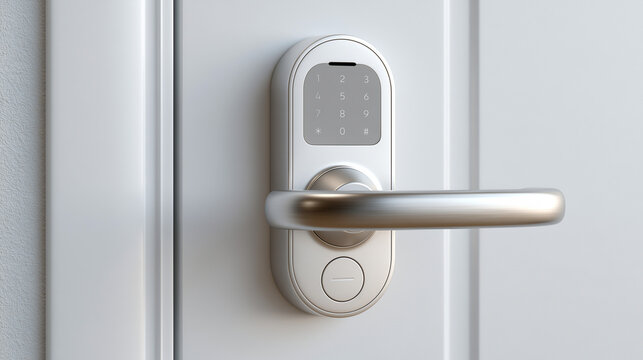 Closeup of a modern smart door lock with digital keypad and lever handle on a residential entrance door highlighting home security and keyless access technology