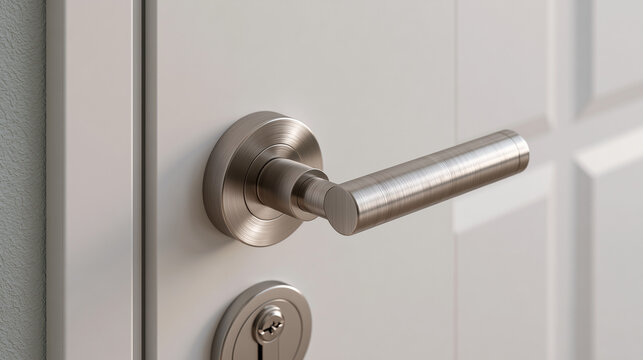 Closeup of a modern stainless steel door handle and key lock on a residential interior door highlighting home security, privacy and contemporary design