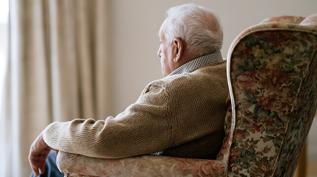 Elderly man sit alone in an armchair, back view, deep in thought looking out a window, quiet indoor scene of contemplation and solitude