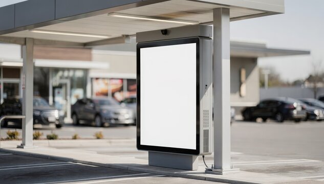 Medium shot of a single lane drivethru canopy with a clear weatherprotected menu pod and speaker softly blurred background emphasizing customer ordering area.