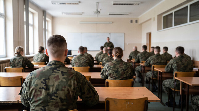 Military personnel attending a formal training lecture in a classroom with copy space, showing army education, strategic instruction and operational readiness.