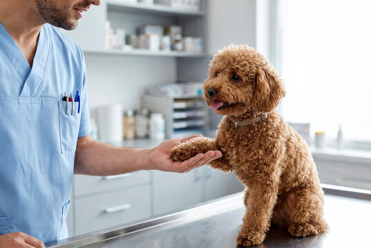 Male veterinarian gently holding the paw of a small brown poodle dog during a routine health examination in a modern animal clinic.
