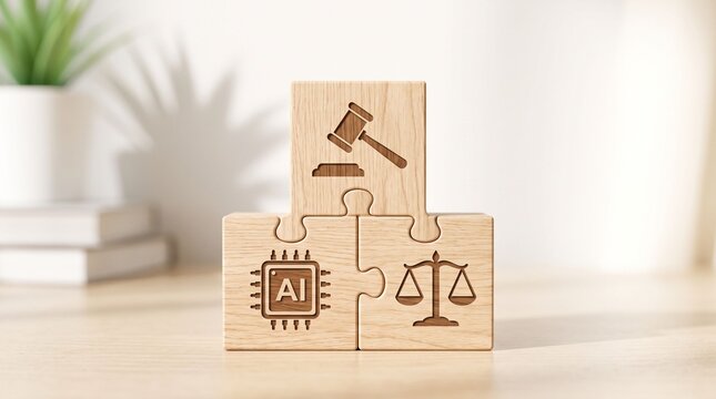 Artificial Intelligence Law Concept with Wooden Puzzle Pieces showing Gavel AI Chip and Justice Scale