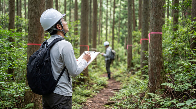 Forestry professionals inspecting and marking trees while recording field data for sustainable woodland management with copy space.