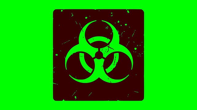 Distressed biohazard symbol animation with black fill and red flash lighting on green screen chroma key background