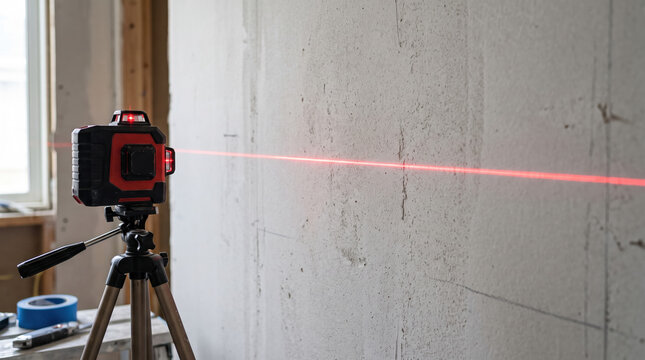 Accurate laser level projecting red line for wall alignment in construction setting. Laser level provides precise measurements for perfect wall positioning and installation