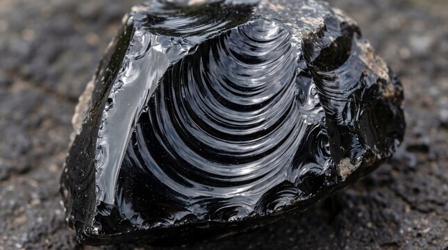 Chunk of black obsidian volcanic glass showing sharp conchoidal fractures