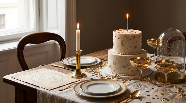 Solar Return Birthday Cake with Astrology Chart on Elegant Table with Roses and Champagne