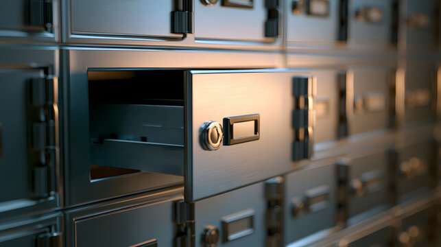 Close-up of secure metal safe deposit boxes with one partially open, highlighting security and storage