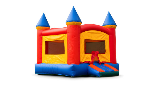 Colorful inflatable bounce house set on white background