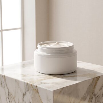 Luxury cosmetic cream jar on marble podium