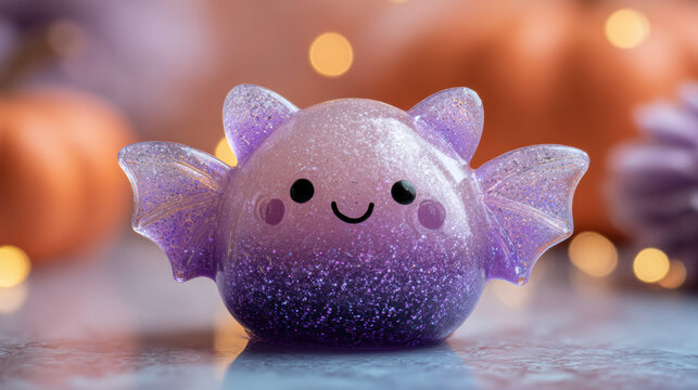 Closeup of a cute bat shaped squishy toy made of translucent purple gel with shimmering glitter and a tiny smiling face against a blurred Halloween background with copy space
