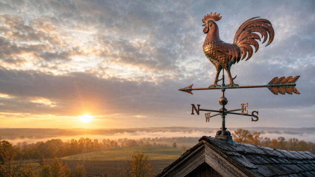 Traditional copper rooster weather vane above a rural landscape at sunrise