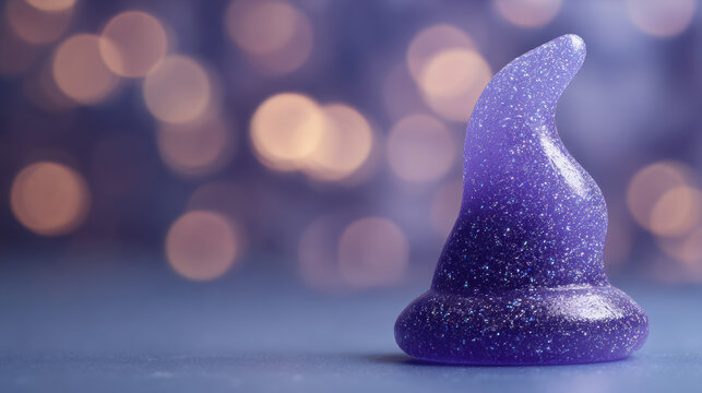 Closeup of a witch hat shaped squishy toy made of translucent violet gel with sparkling glitter, cute Halloween design on a simple display stand against a blurred seasonal background