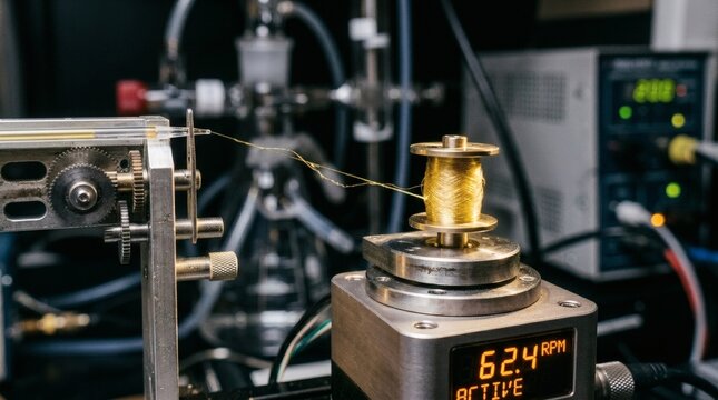 Automated laboratory equipment spinning fine golden thread onto spool