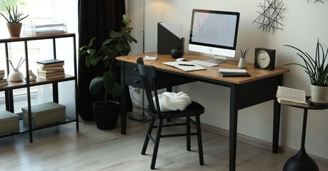 Fototapeta premium Stylish table with computer, chair and shelving unit in home office. Interior design