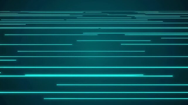 青緑色に光る無数の水平線が奥行きのある暗い空間へ伸びていく抽象モーショングラフィックス映像