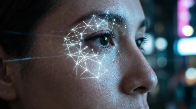Digital facial recognition scanning woman face