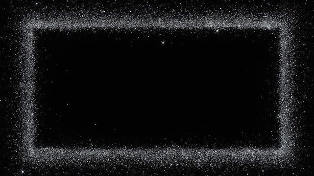 漆黒の背景の四辺に銀色の粒子が集まり星形の光が瞬く祝賀用フレーム