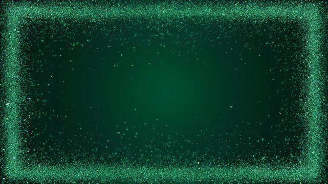 深緑の背景の四辺にエメラルド色の粒子が集まり細かな光点が漂う祝い用フレーム