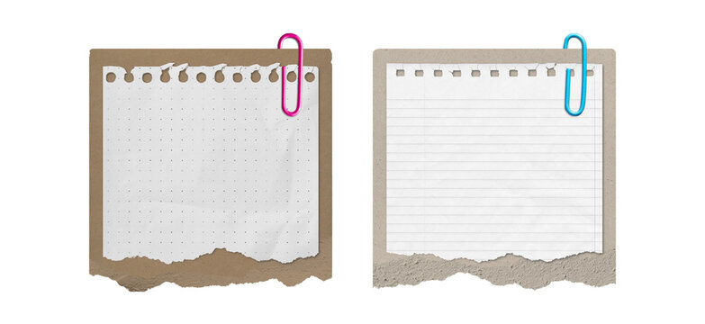 Blank torn note paper dan dotted paper taped with paper clip over torn kraft cardboard piece on a transparent background