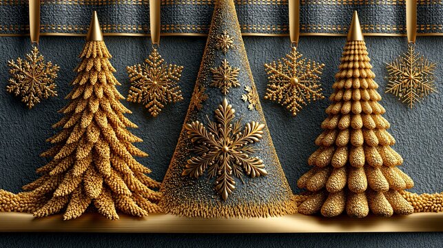 Golden Decorative Christmas Tree Collection On Dark Background.