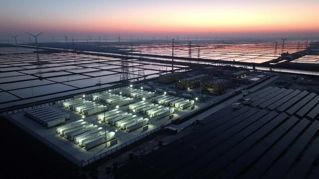 Aerial view of salt field wind farm and energy storage station at sunset