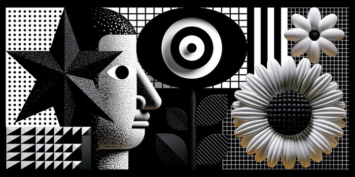 Abstract grayscale geometric collage with shapes and flower.
