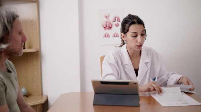 Female doctor advising male patient during medical consultation