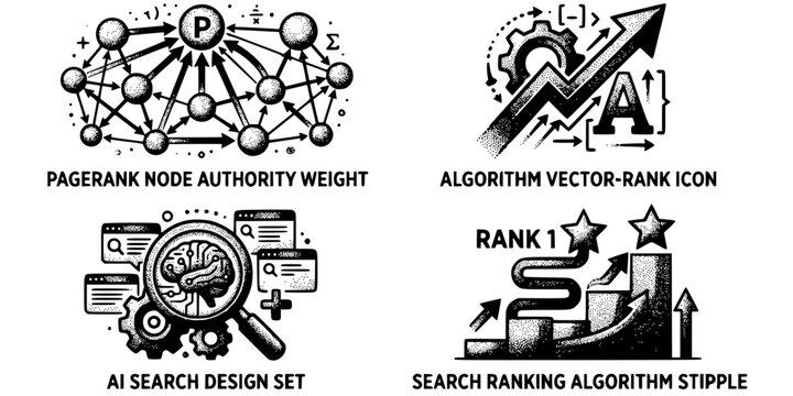 Search Ranking Algorithm Stipple Black White-PageRank Node Authority Weight-Algorithm Vector-Rank Icon Stipple-AI Search Design Set