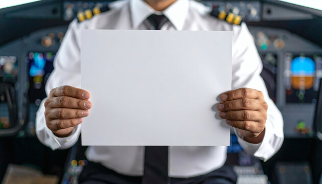 Airplane pilot holding a blank white sign in the cockpit for custom text advertisement and commercial travel marketing copy
