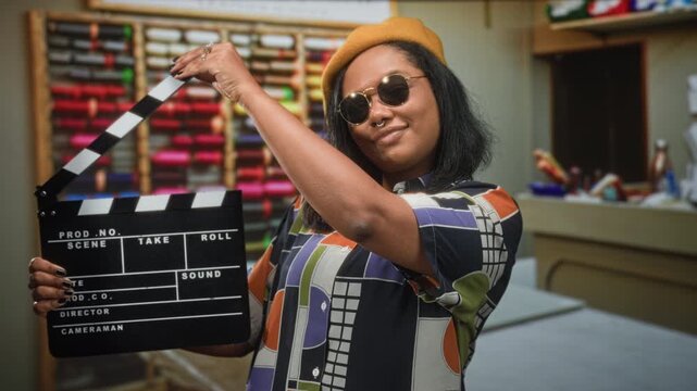 Woman filmmaker holds clapperboard and lifts slate with right hand in a studio with thread rack and workbench, wearing beret and sunglasses; confidence creativity.