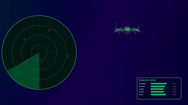 a drone appraisal interface showing aerial tracking circles with pulsing signal blips and complex metrics displayed on a dark virtual navigation screen for flight monitoring