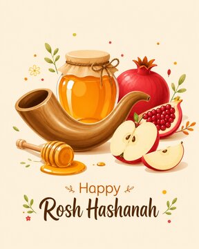 Happy Rosh Hashanah Illustration with Shofar, Honey Jar, Pomegranate and Apple Slices