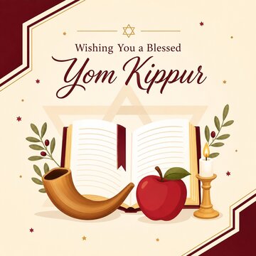 Blessed Yom Kippur Greeting with Shofar, Open Prayer Book, Candle and Apple