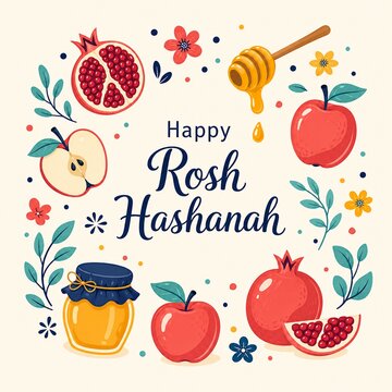 Happy Rosh Hashanah Greeting with Pomegranate, Apples, Honey Jar and Floral Jewish Holiday Symbols