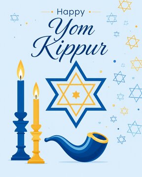 Blue and gold Yom Kippur illustration featuring a prominent Star of David, ceremonial shofar, two burning candles, and decorative Jewish symbols.