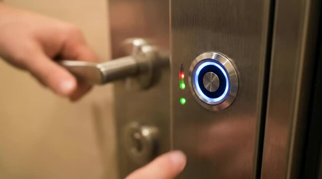 Person using biometric fingerprint scanner to unlock door