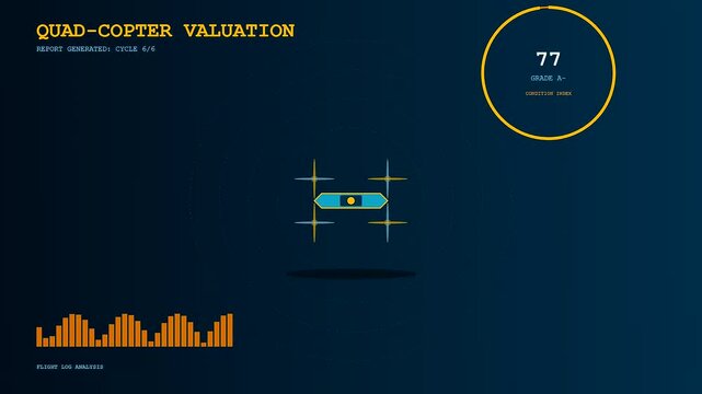 A drone appraisal interface displays shifting flight log graphs and condition index scores as a stylized aerial craft icon hovers centrally within a dark digital environment